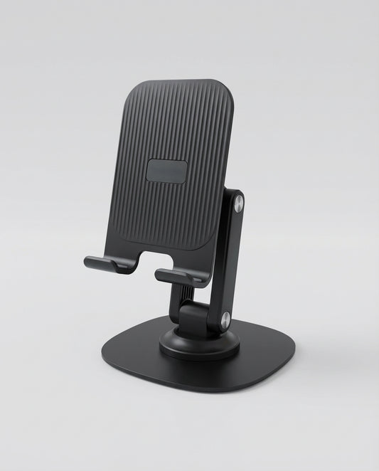 Schlussel adjustable black phone stand with sturdy base and ergonomic viewing angle.