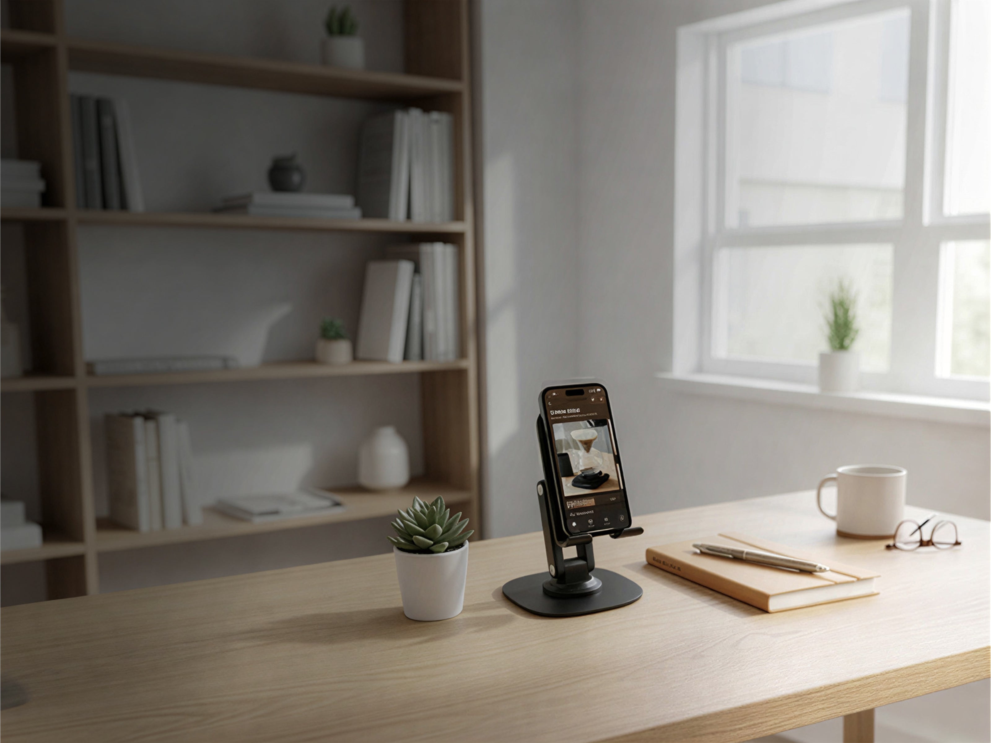 Schlussel black phone stand on a wooden desk, holding a smartphone vertically in a minimalist workspace with natural light.