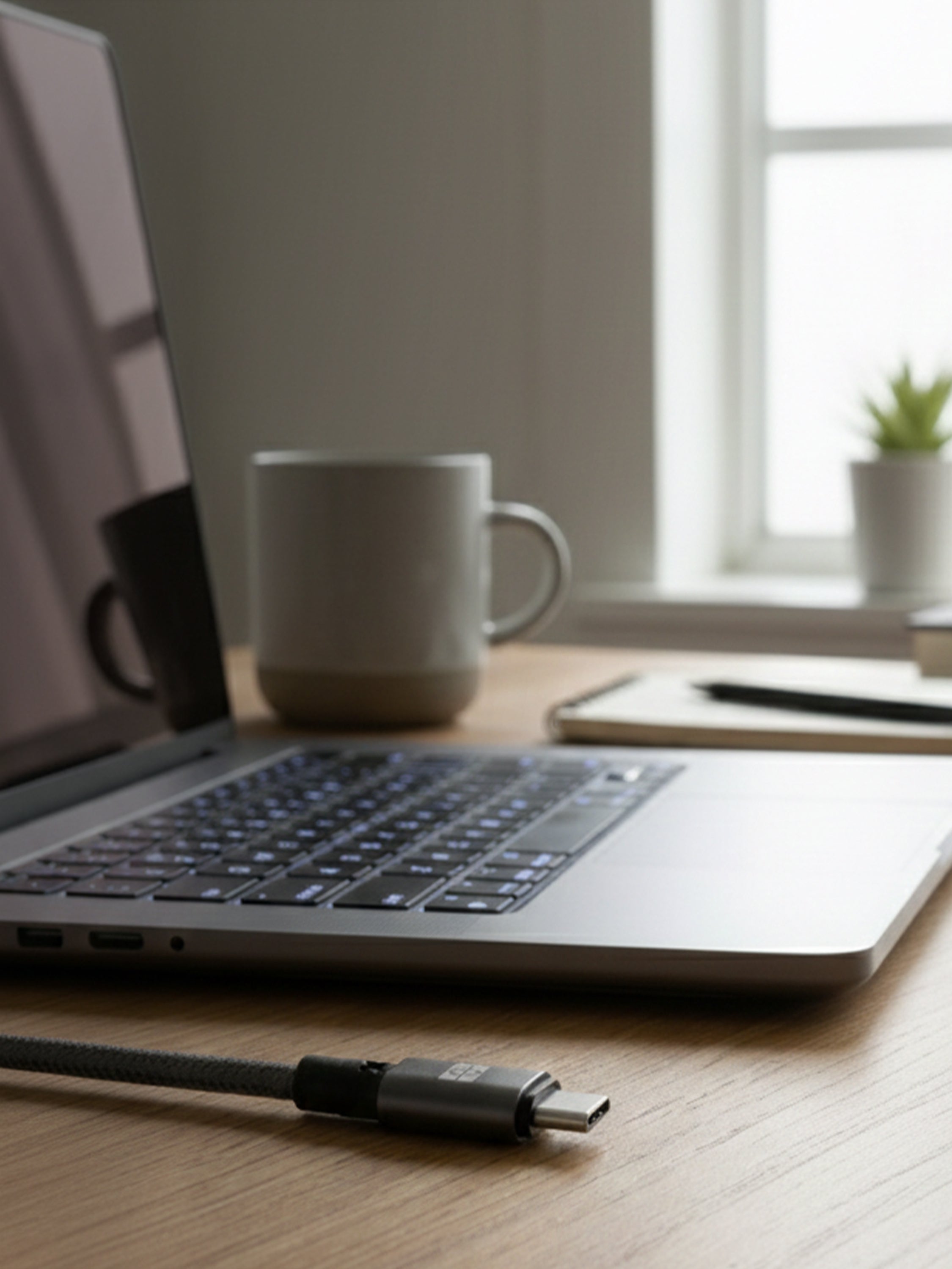 Schlüssel charging cable connected to a laptop on a minimalist wooden desk