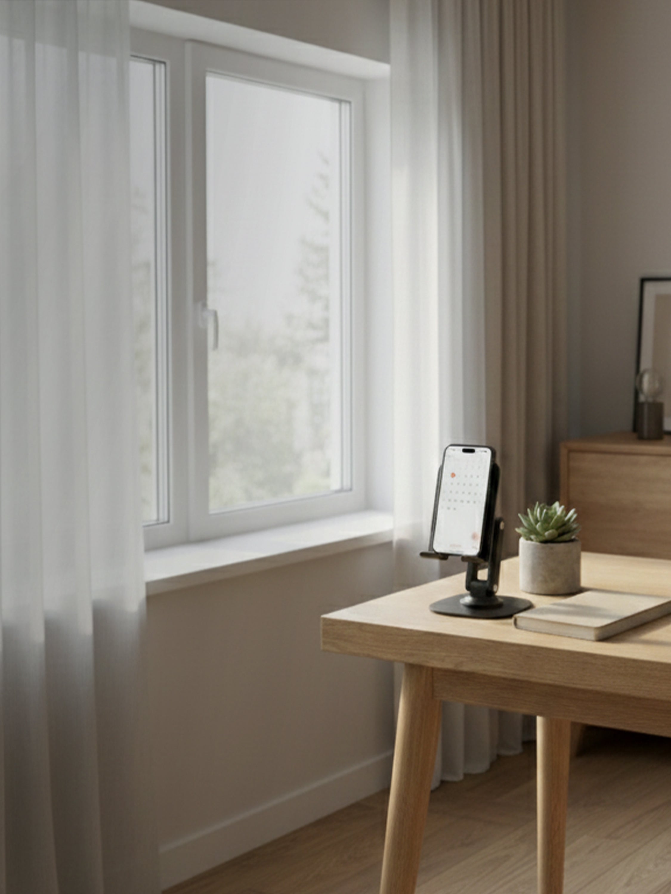 Smartphone on a minimalist stand in a clean workspace with natural light and modern decor