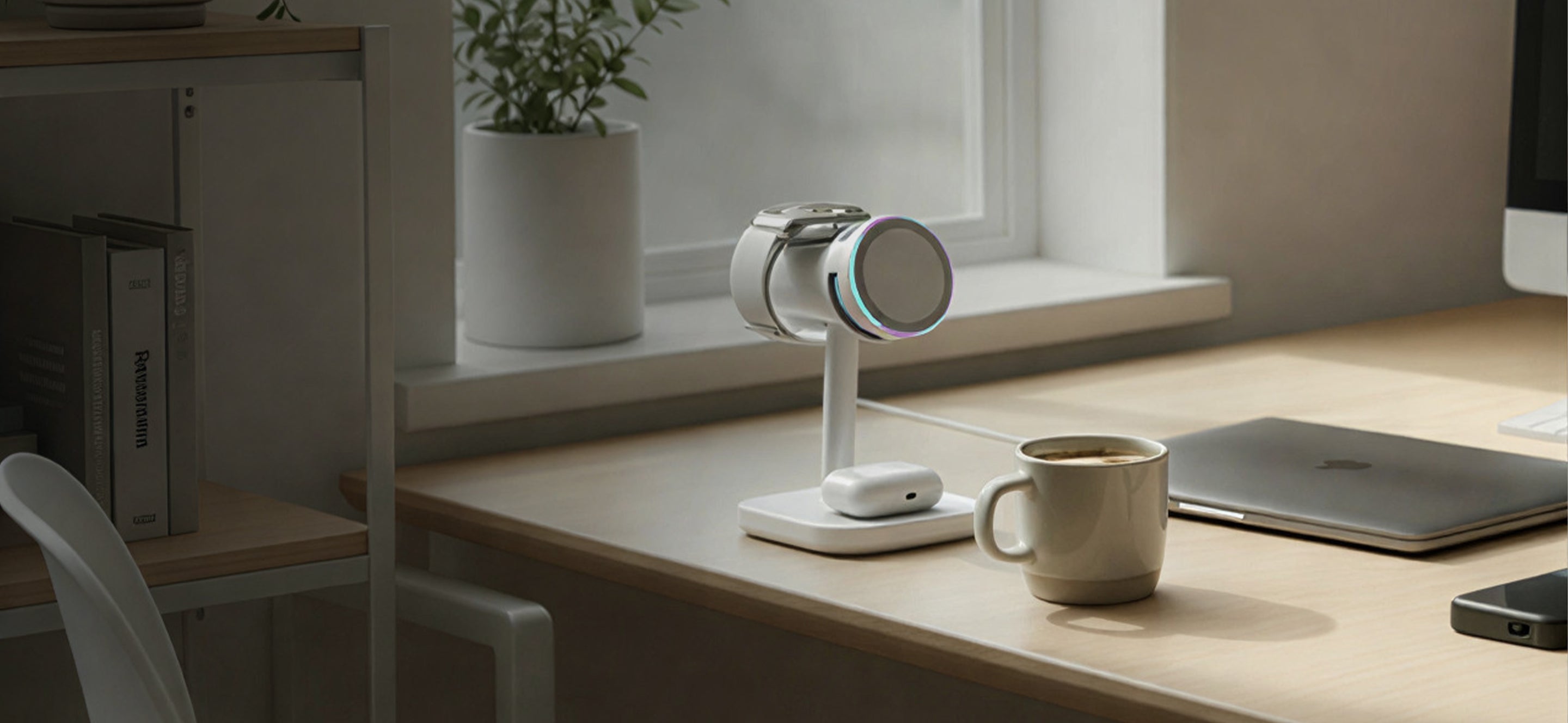 Schlüssel wireless charger on a minimalist wooden desk with a modern workspace setup